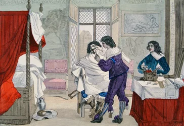 Innenansicht eines Friseursalons zur Zeit von Ludwig XIII. (1601-43) aus 